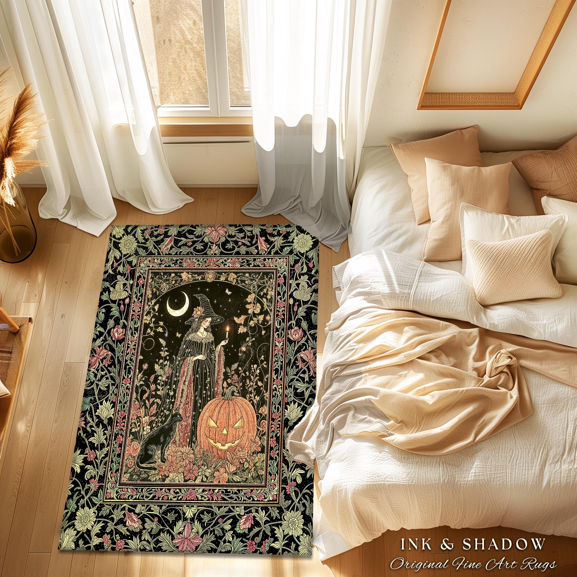 Halloween Gothic Witchcraft Area Rug | Ornate Gothic Black Cat Folklore Spooky Bedroom Jack-o-Lantern Fairytale Aesthetic Medieval Boho Moon