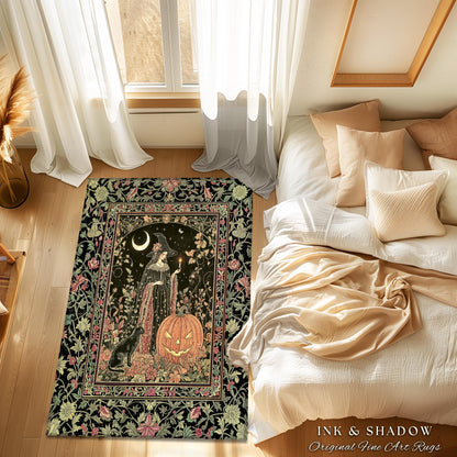 Halloween Gothic Witchcraft Area Rug | Ornate Gothic Black Cat Folklore Spooky Bedroom Jack-o-Lantern Fairytale Aesthetic Medieval Boho Moon