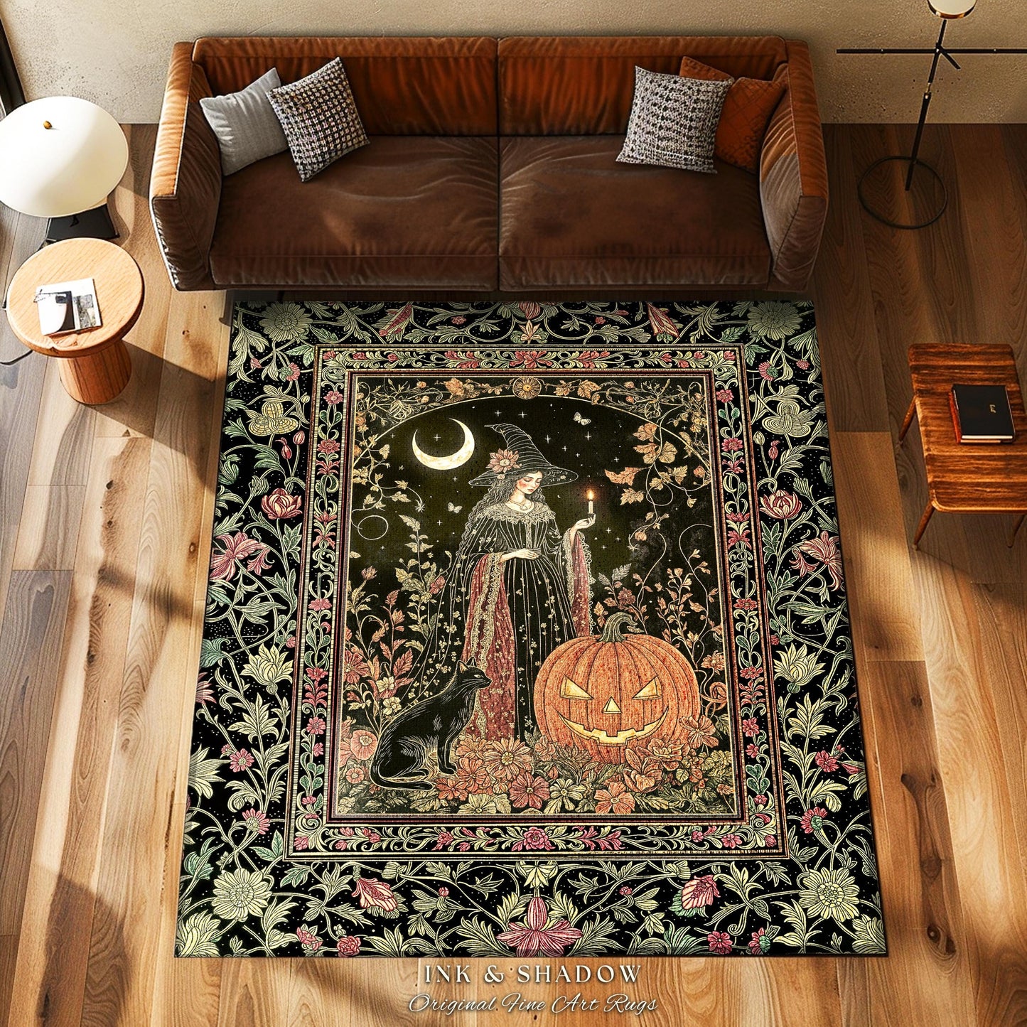 Halloween Gothic Witchcraft Area Rug | Ornate Gothic Black Cat Folklore Spooky Bedroom Jack-o-Lantern Fairytale Aesthetic Medieval Boho Moon
