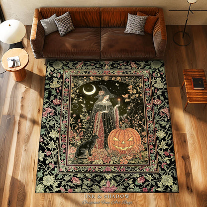Halloween Gothic Witchcraft Area Rug | Ornate Gothic Black Cat Folklore Spooky Bedroom Jack-o-Lantern Fairytale Aesthetic Medieval Boho Moon