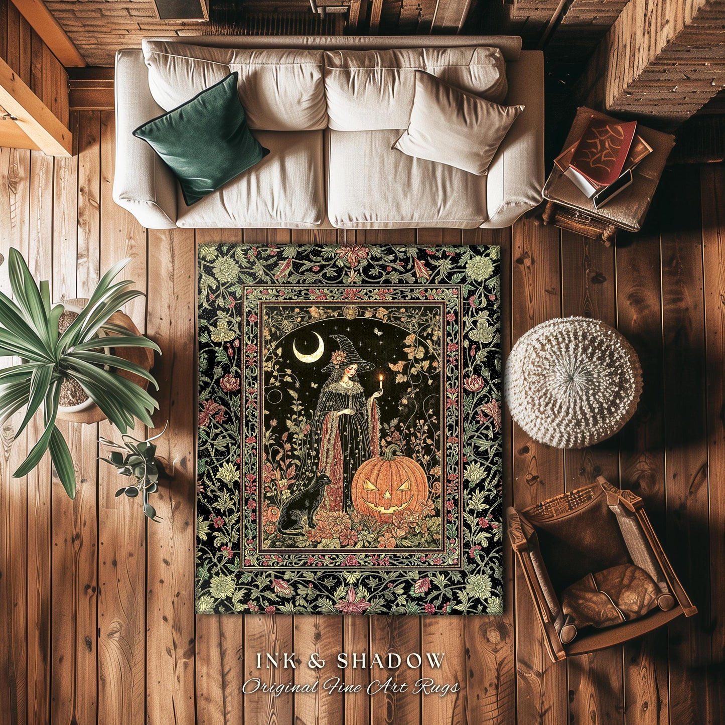 Halloween Gothic Witchcraft Area Rug | Ornate Gothic Black Cat Folklore Spooky Bedroom Jack-o-Lantern Fairytale Aesthetic Medieval Boho Moon