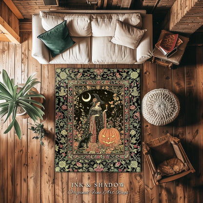 Halloween Gothic Witchcraft Area Rug | Ornate Gothic Black Cat Folklore Spooky Bedroom Jack-o-Lantern Fairytale Aesthetic Medieval Boho Moon