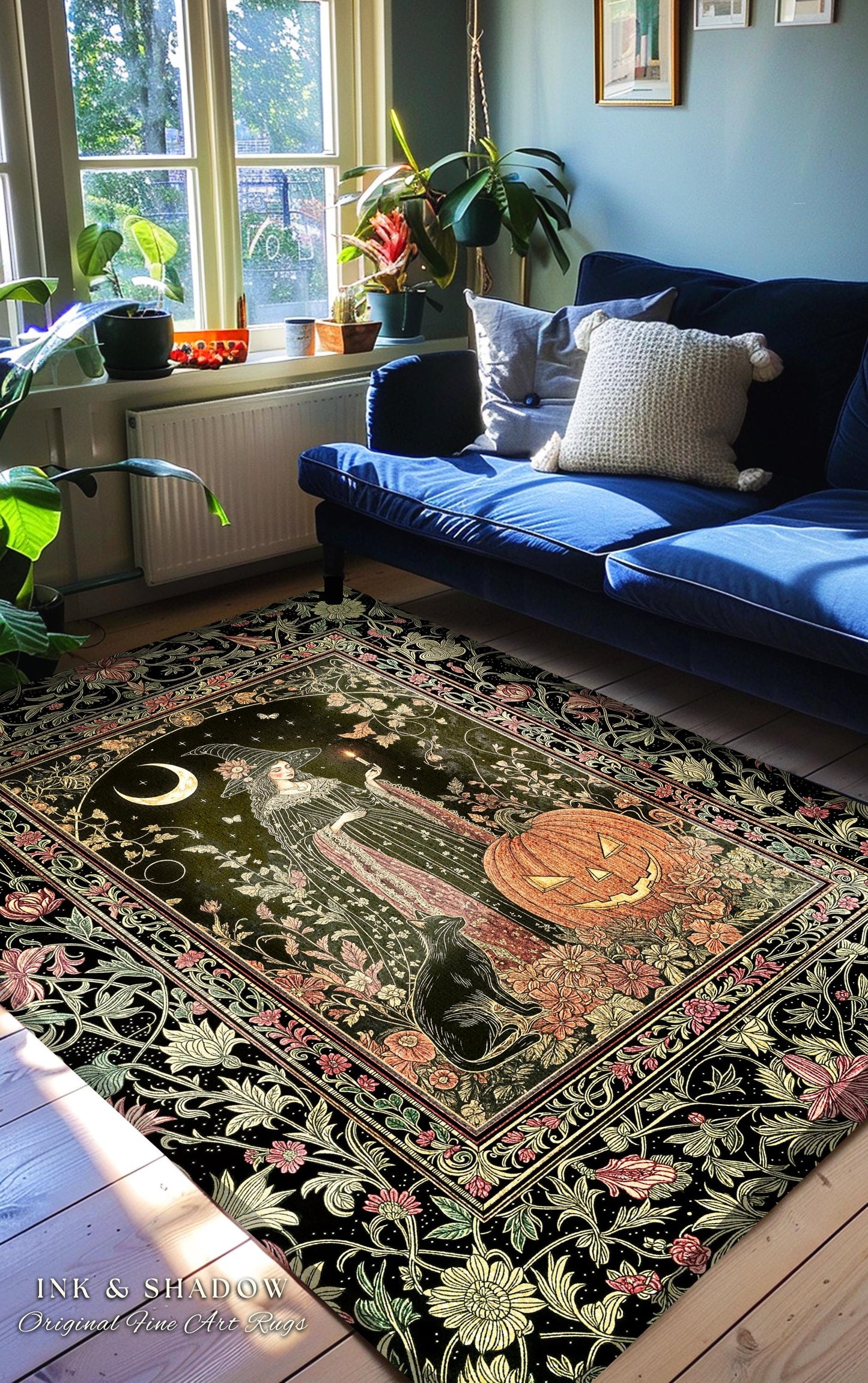 Halloween Gothic Witchcraft Area Rug | Ornate Gothic Black Cat Folklore Spooky Bedroom Jack-o-Lantern Fairytale Aesthetic Medieval Boho Moon
