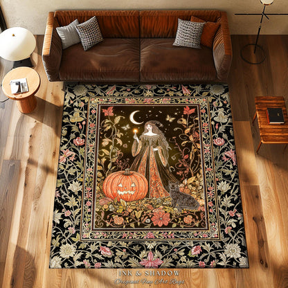 Midnight Sorcery Pumpkin Witch Rug | Medieval Aesthetic Bohemian Halloween Accent Rug Gothic Retro Halloween Style Folklore Black Cat Decor