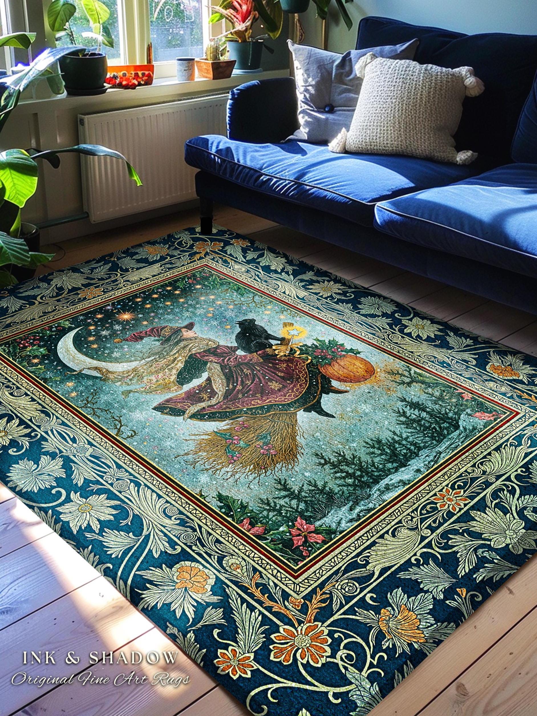 Pumpkin Witch Winter Accent Rug | Mystical Gothic Decor Black Cat Broomstick Spooky Season Botanical Moon Stars Winter Whimsigoth Style Room