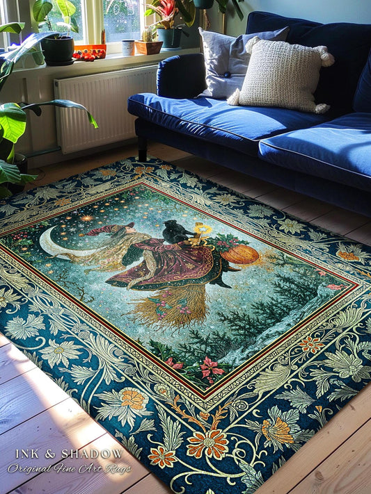 Pumpkin Witch Winter Accent Rug | Mystical Gothic Decor Black Cat Broomstick Spooky Season Botanical Moon Stars Winter Whimsigoth Style Room