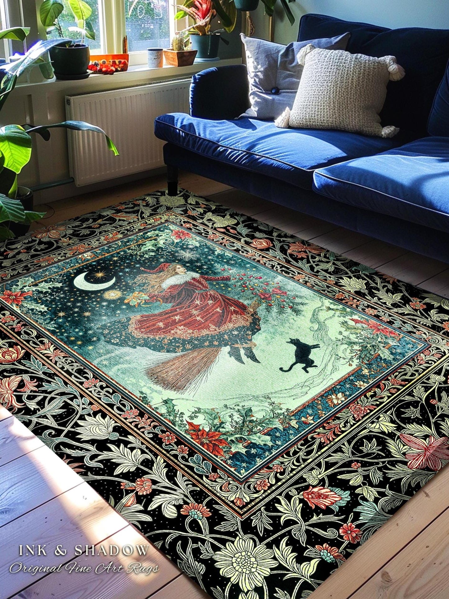 Wonderland Witch Boho Area Rug | Mystic Gothic Art Black Cat Folk Magic Broomstick Whimsigoth Cottagecore Celestial Moon Stars Bedroom Retro