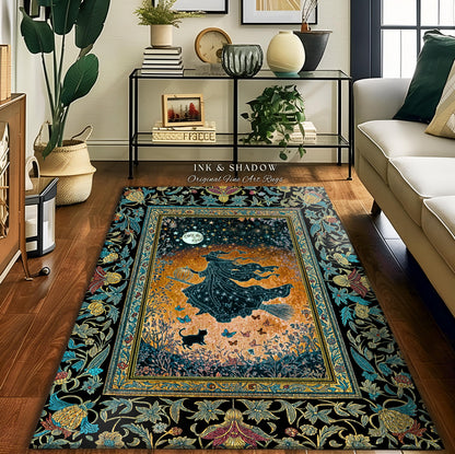 Autumn Aesthetic Witchy Area Rug | Fall Gothic Dark Cottagecore Decor Moonlight Magic Black Cat Whimsigoth Dorm Accent Maximalist Halloween