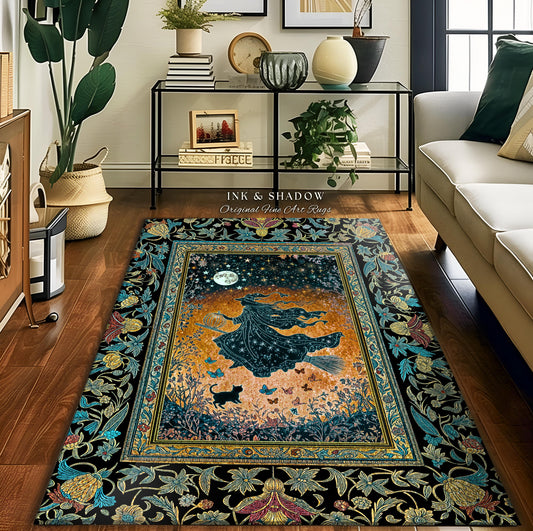 Autumn Aesthetic Witchy Area Rug | Fall Gothic Dark Cottagecore Decor Moonlight Magic Black Cat Whimsigoth Dorm Accent Maximalist Halloween