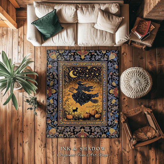 Autumn Golden Gothic Sky Rug | Celestial Black Cat Bedroom Accent Whimsigoth Decor Mystic Aesthetic Pumpkin Enchanted Magic Style Dorm Room