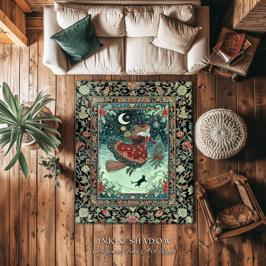 Wonderland Witch Boho Area Rug | Mystic Gothic Art Black Cat Folk Magic Broomstick Whimsigoth Cottagecore Celestial Moon Stars Bedroom Retro