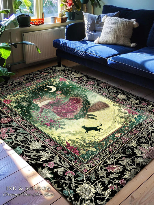 Snowy Magic Celestial Witch Rug | Gothic Magic Black Cat Bedroom Accent Broomstick Ride Moon Stars Botanical Frame Mystical Folklore Art |