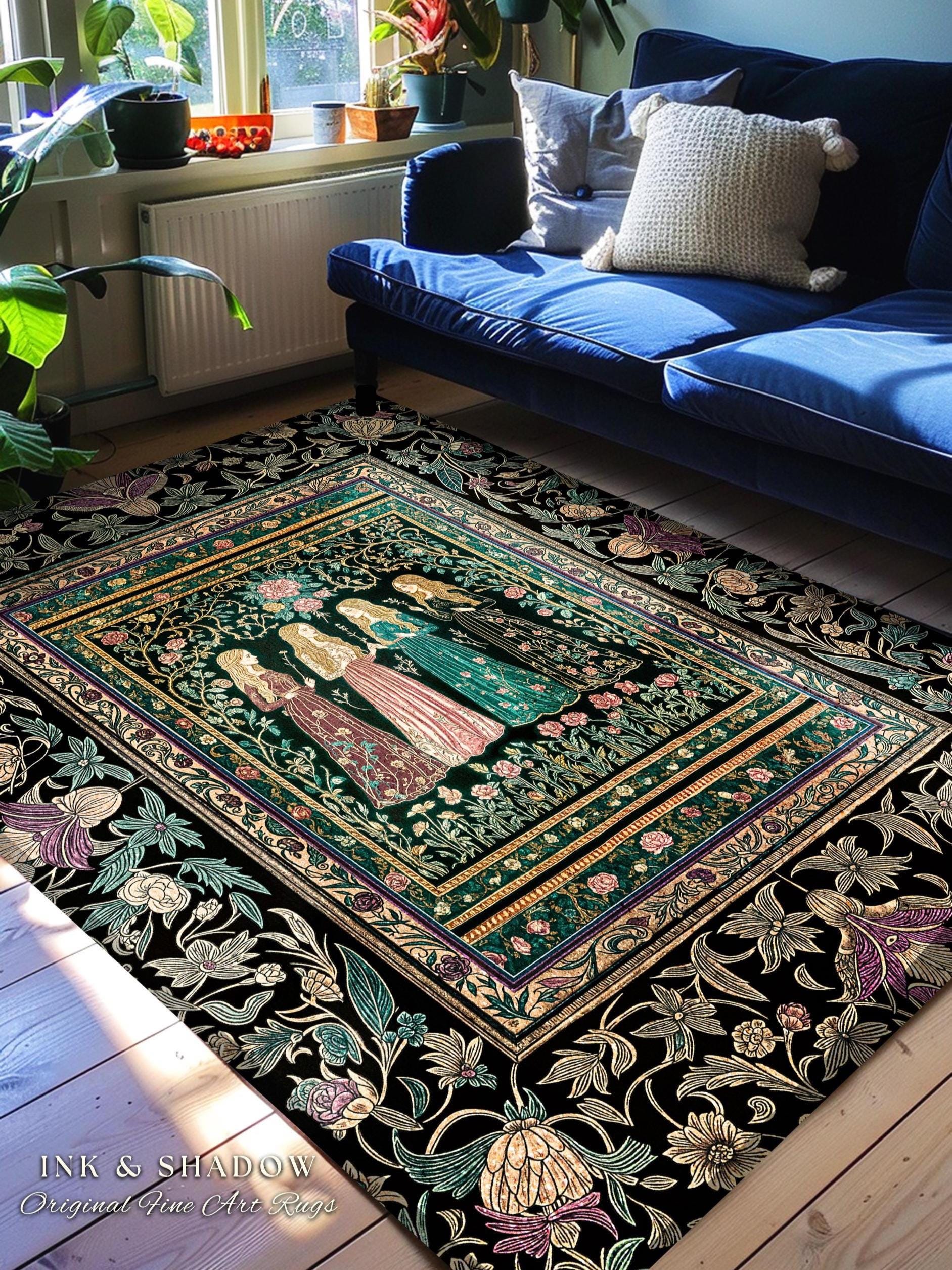 Victorian Witch Sisters Area Rug | Enchanted Folklore Gothic Floral Forest Rug Celestial Art Nouveau Magic Aesthetic Whimsical Home Accent |