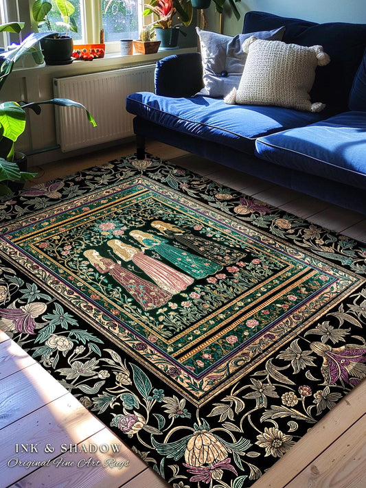 Victorian Witch Sisters Area Rug | Enchanted Folklore Gothic Floral Forest Rug Celestial Art Nouveau Magic Aesthetic Whimsical Home Accent |