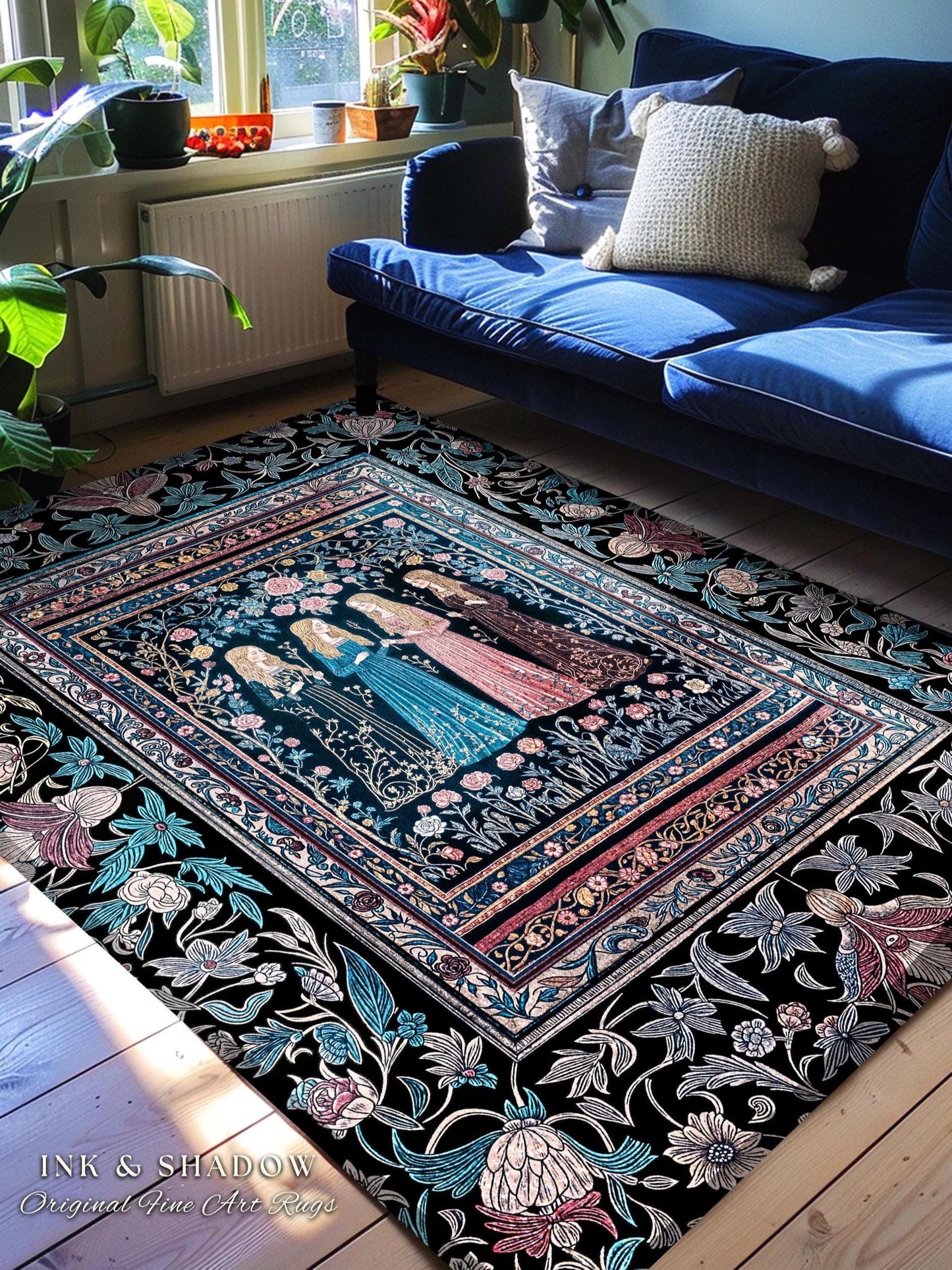 Victorian Gothic Maiden Witches Rug | Arcane Witchcraft Celestial Baroque Ethereal Folklore Aesthetic Bedroom Romantic Floral Style Accent |
