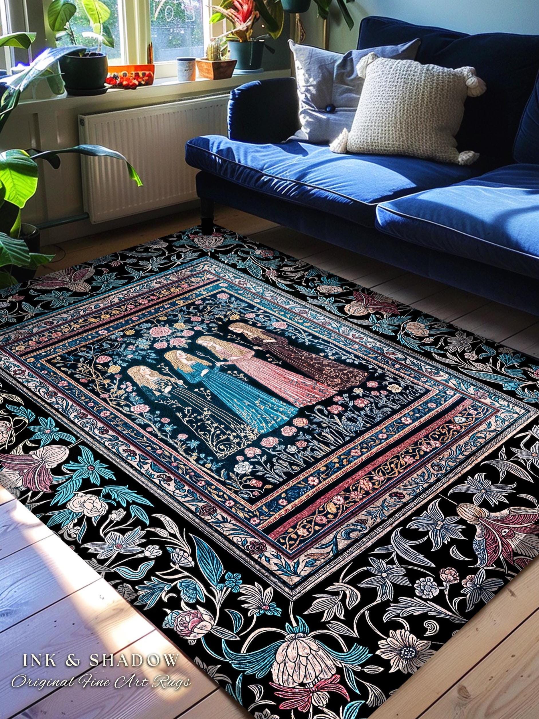 Victorian Gothic Maiden Witches Rug | Arcane Witchcraft Celestial Baroque Ethereal Folklore Aesthetic Bedroom Romantic Floral Style Accent |