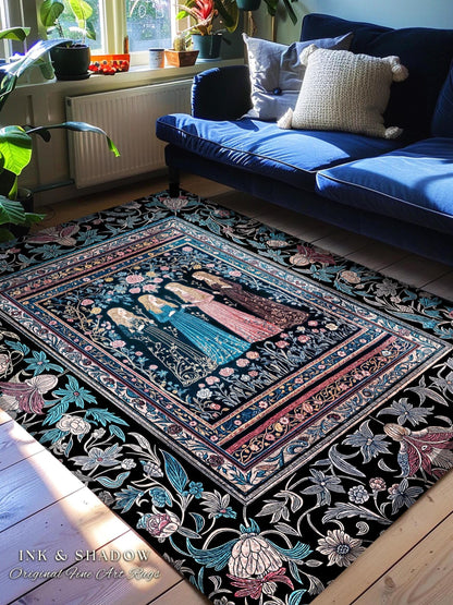 Victorian Gothic Maiden Witches Rug | Arcane Witchcraft Celestial Baroque Ethereal Folklore Aesthetic Bedroom Romantic Floral Style Accent |