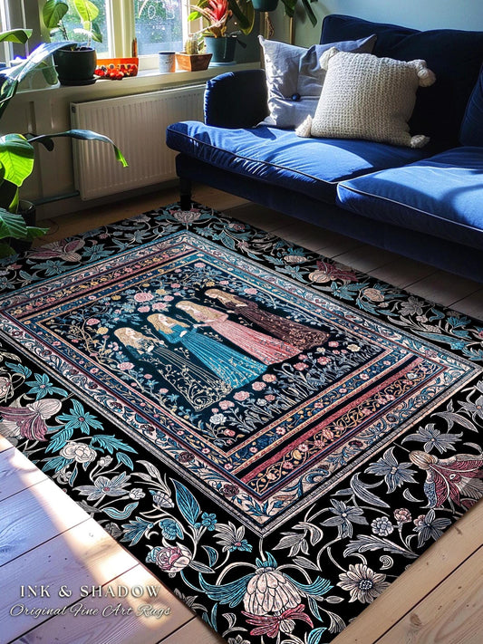 Victorian Gothic Maiden Witches Rug | Arcane Witchcraft Celestial Baroque Ethereal Folklore Aesthetic Bedroom Romantic Floral Style Accent |