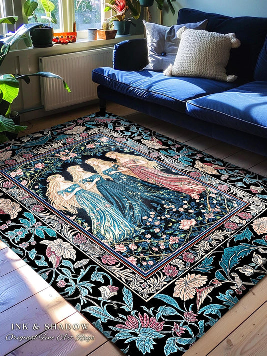 Rustic Medieval Fairycore Witch Bedroom Rug | Celestial Sorceress Gothic Elegance Altar Rug Pastel Botanical Accent Folklore Aesthetic Style