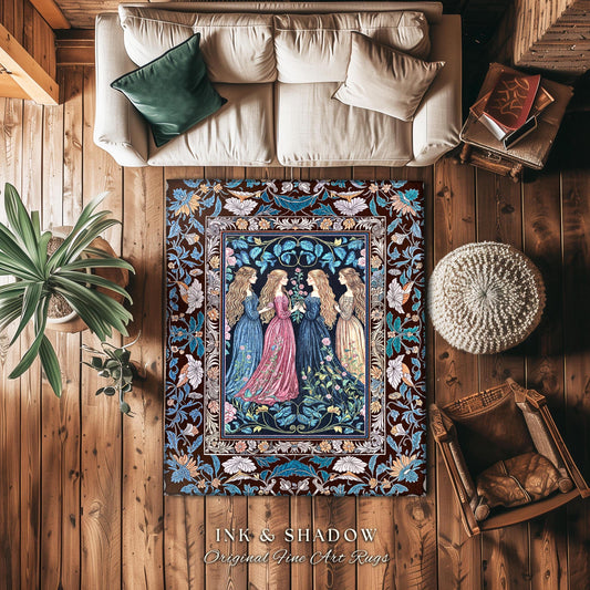 Sorceress Sisters Magic Aesthetic Rug | Lunar Garden Witch Bedroom Accent Fairytale Storybook Renaissance Woodland Sorcery Pastel Witches |