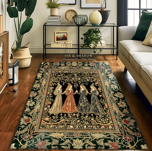 Mystical Sisterhood Floral Accent Rug | Witchy Aesthetic Baroque Forest Whimsigoth Fantasy Ethereal Whimsical Bedroom Rug Dark Academia Art