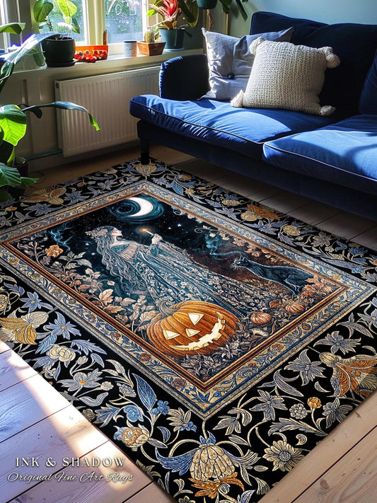 Moonlit Jack-o-lantern Witch Accent Rug | Enchanted Forest Baroque Maiden Pastel Folklore Black Cat Celestial Aesthetic Halloween Bedroom |