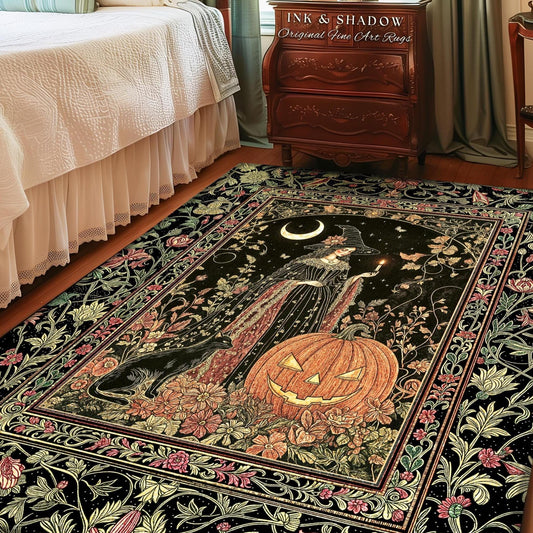 Halloween Gothic Witchcraft Area Rug | Ornate Gothic Black Cat Folklore Spooky Bedroom Jack-o-Lantern Fairytale Aesthetic Medieval Boho Moon