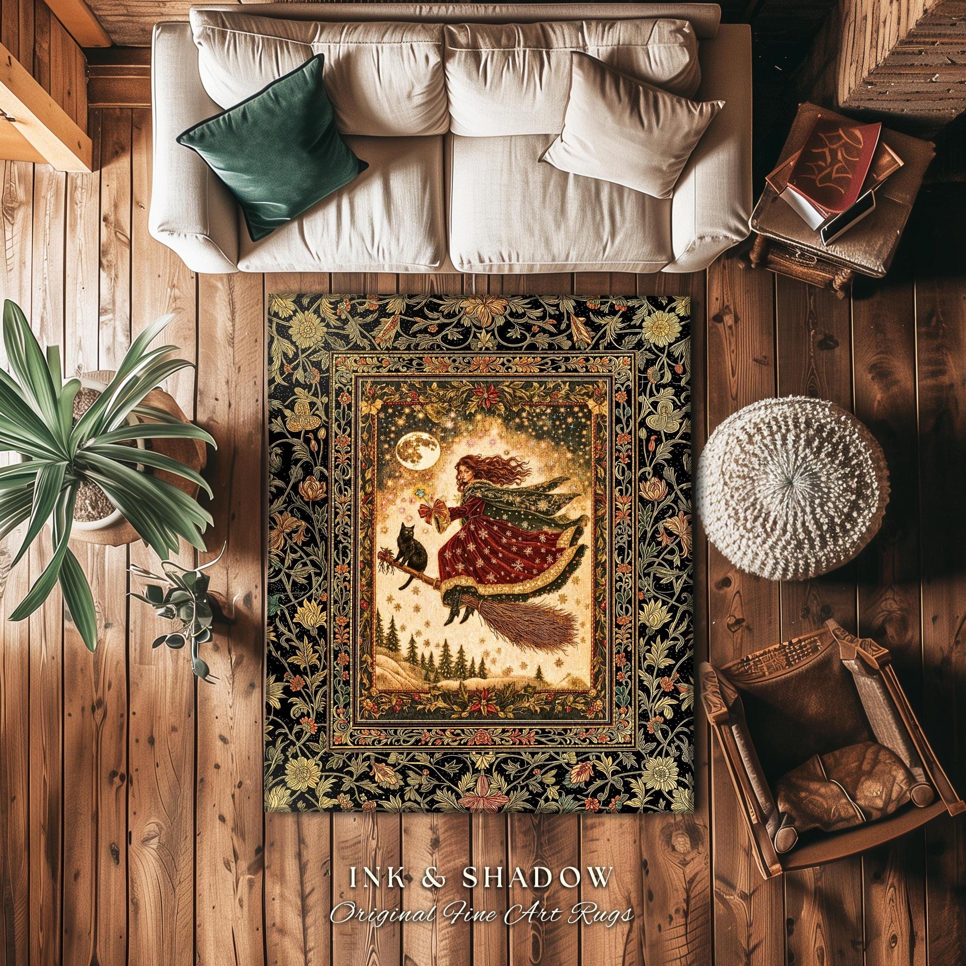 Whimsical Witchy Broomstick Accent Rug | Fairytale Gothic Decor Mystic Black Cat Celestial Moon Bedroom Botanical Dark Academia Cottagecore