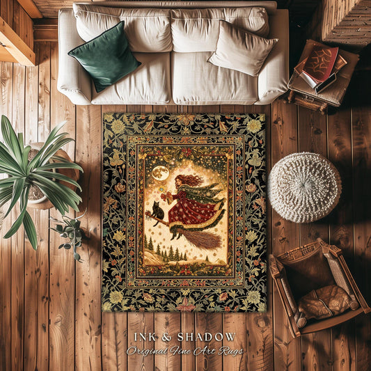 Whimsical Witchy Broomstick Accent Rug | Fairytale Gothic Decor Mystic Black Cat Celestial Moon Bedroom Botanical Dark Academia Cottagecore