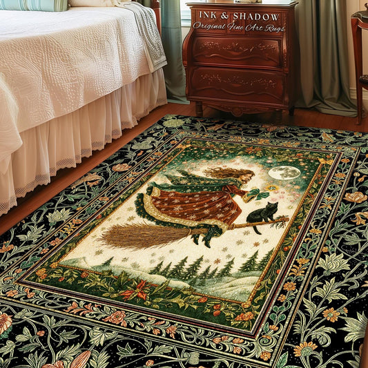 Holiday Witch Black Cat Area Rug | Nostalgic Halloween Enchanted Cottagecore Decor Mystic Aesthetic Winter Bedroom Accent Gothic Elegance |