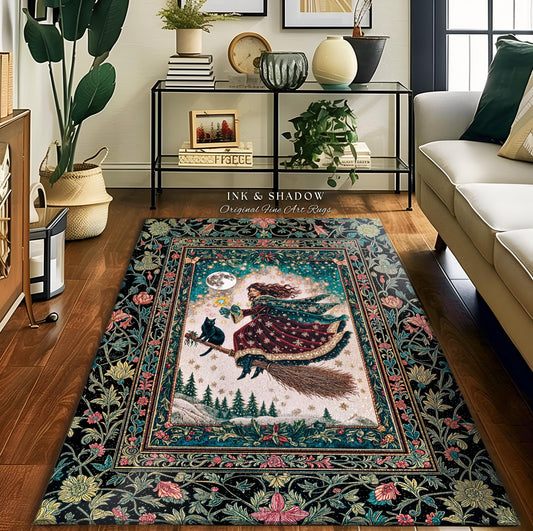 Snow Witch Celestial Accent Rug | Magical Black Cat Gothic Decor Broomstick Whimsigoth Magic Cottagecore Aesthetic Bedroom Area Rug Mystic |