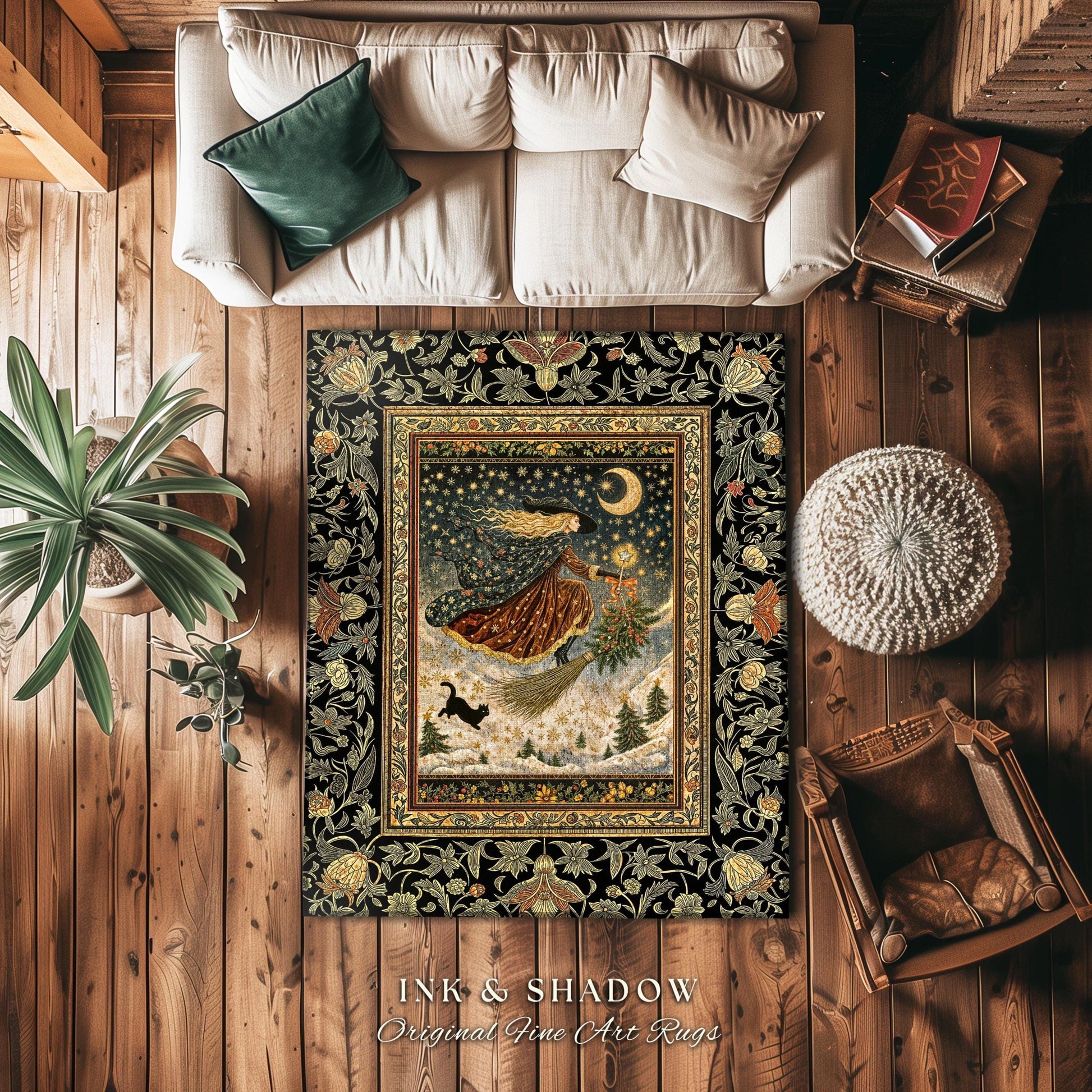 Winter Folklore Witch Accent Rug | Enchanted Cottagecore Decor Mystic Aesthetic Black Cat Gothic Elegance Celestial Storybook Bedroom Rug |