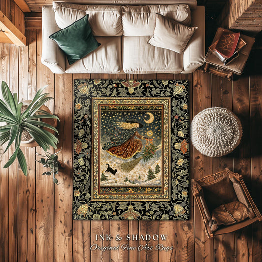 Winter Folklore Witch Accent Rug | Enchanted Cottagecore Decor Mystic Aesthetic Black Cat Gothic Elegance Celestial Storybook Bedroom Rug |