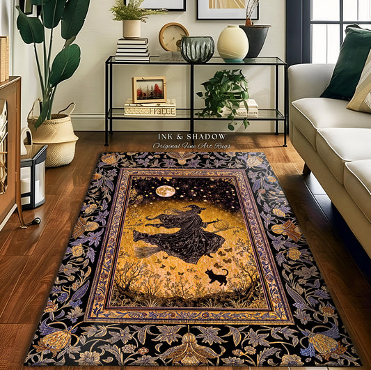 Golden Witch Autumn Area Rug | Moonlit Gothic Halloween Magic Decor Folklore Style Whimsigoth Night Sky Enchanted Bedroom Area Rug Spooky |