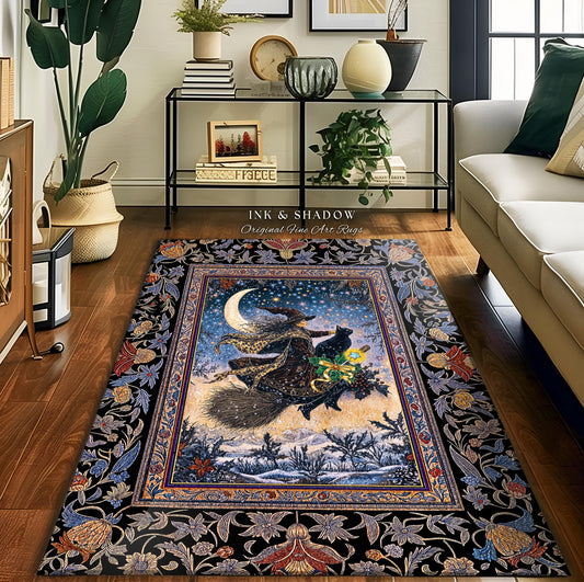 Magic Moonlit Witch Accent Rug | Ethereal Witchy Halloween Bedroom Area Rug Nostalgic Aesthetic Broomstick Black Cat Celestial Home Decor |