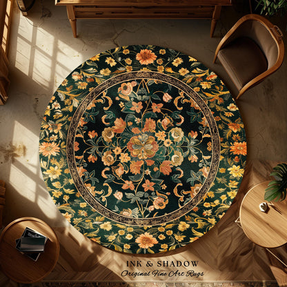 Dark Floral Cottagecore Rug | Bohemian Aesthetic Living Room Home Decor Rustic Housewarming Gift Cottagecore Earth Tone Bedroom Floor Mat