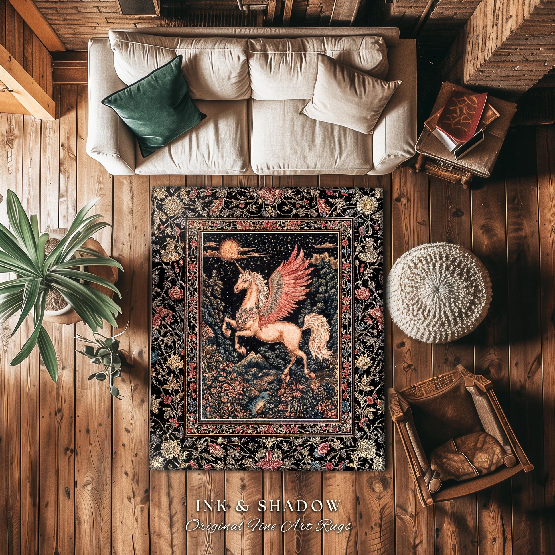 Mystical Pegasus Castlecore Rug | Coral Wing Unicorn Decor Fantasy Regal Fairytale Room Cottagecore Baroque Romantic Gothic Home Accent |