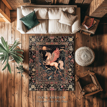 Mystical Pegasus Castlecore Rug | Coral Wing Unicorn Decor Fantasy Regal Fairytale Room Cottagecore Baroque Romantic Gothic Home Accent |