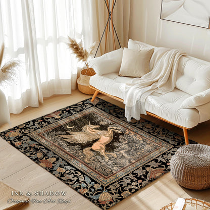 Golden Moon Regal Unicorn Rug | Forest Gothic Fairytale Area Rug Pegasus Baroque Style Fantasy Decor Dreamy Bedroom Whimsical Cottagecore |