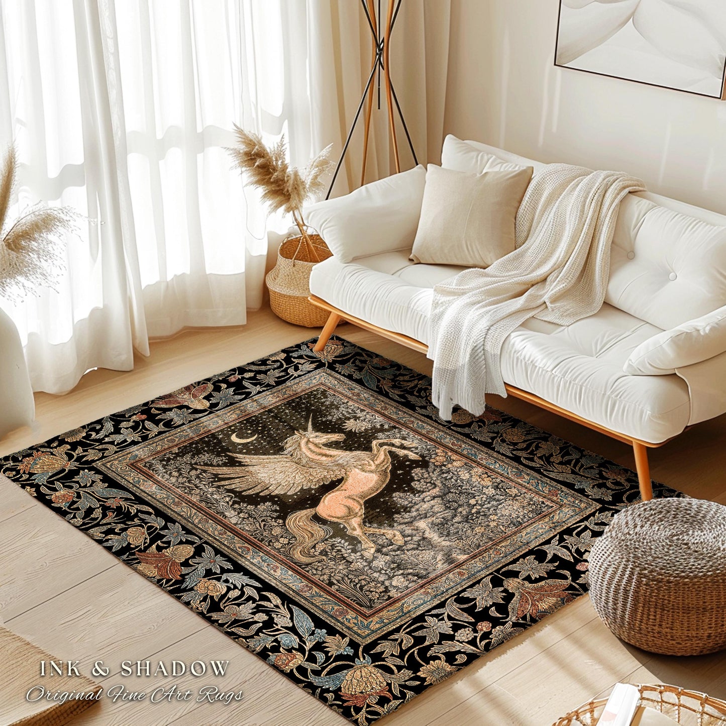 Golden Moon Regal Unicorn Rug | Forest Gothic Fairytale Area Rug Pegasus Baroque Style Fantasy Decor Dreamy Bedroom Whimsical Cottagecore |