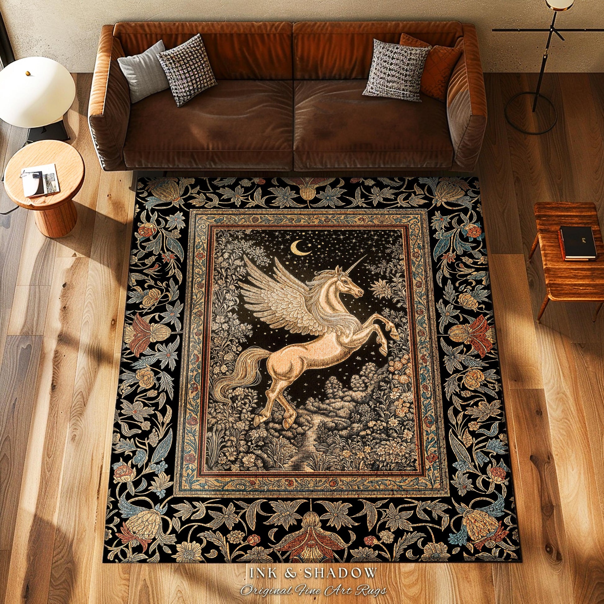 Golden Moon Regal Unicorn Rug | Forest Gothic Fairytale Area Rug Pegasus Baroque Style Fantasy Decor Dreamy Bedroom Whimsical Cottagecore |