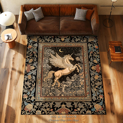 Golden Moon Regal Unicorn Rug | Forest Gothic Fairytale Area Rug Pegasus Baroque Style Fantasy Decor Dreamy Bedroom Whimsical Cottagecore |