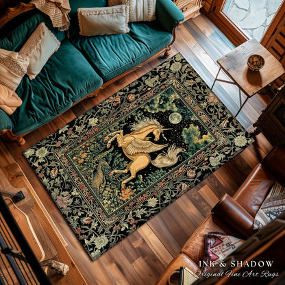 Celestial Pegasus Unicorn Forest Rug | Baroque Bedroom Decor Romantic Maximalist Fairytale Cottagecore Style Whimsical Castlecore Accent