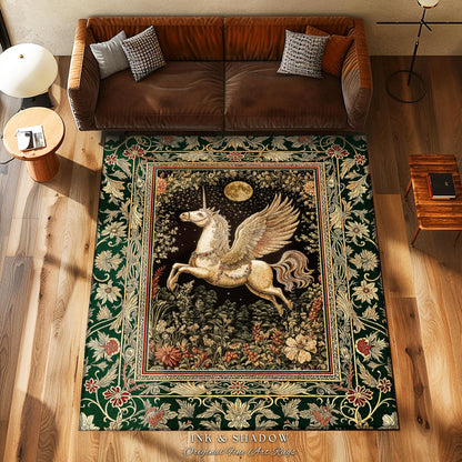 Baroque Flying Unicorn Area Rug | Enchanted Forest Pegasus Fairytale Decor Castle Aesthetic Maximalist Regal Bedroom Fantasy Gothic Style |