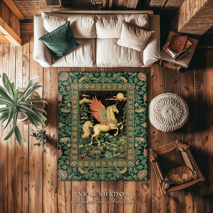 Verdant Landscape Celestial Unicorn Rug | Fairytale Forest Decor Castlecore Maximalist Romantic Baroque Pegasus Fantasy Accent Goth Bedroom