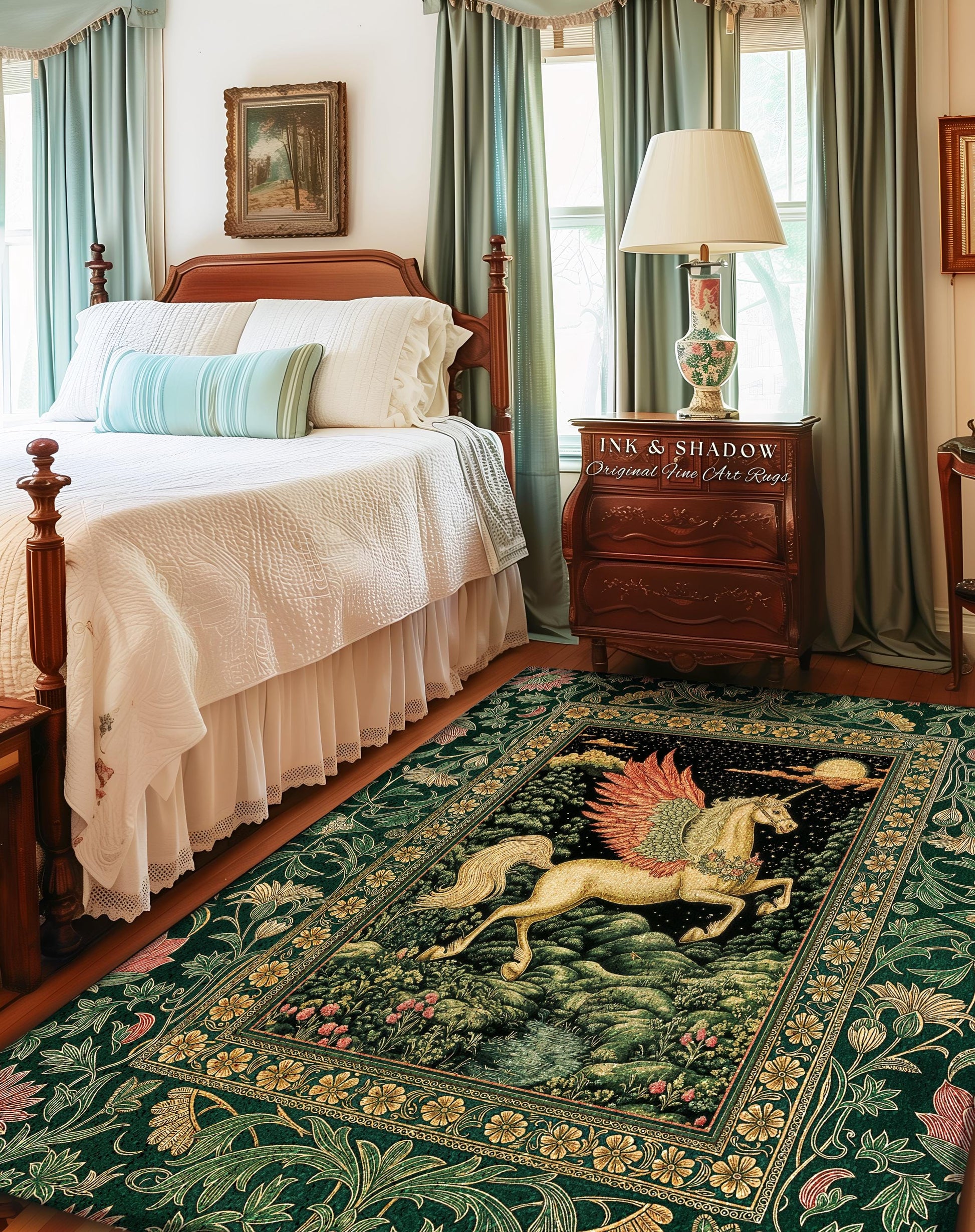 Verdant Landscape Celestial Unicorn Rug | Fairytale Forest Decor Castlecore Maximalist Romantic Baroque Pegasus Fantasy Accent Goth Bedroom
