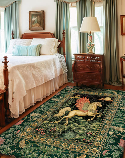 Verdant Landscape Celestial Unicorn Rug | Fairytale Forest Decor Castlecore Maximalist Romantic Baroque Pegasus Fantasy Accent Goth Bedroom