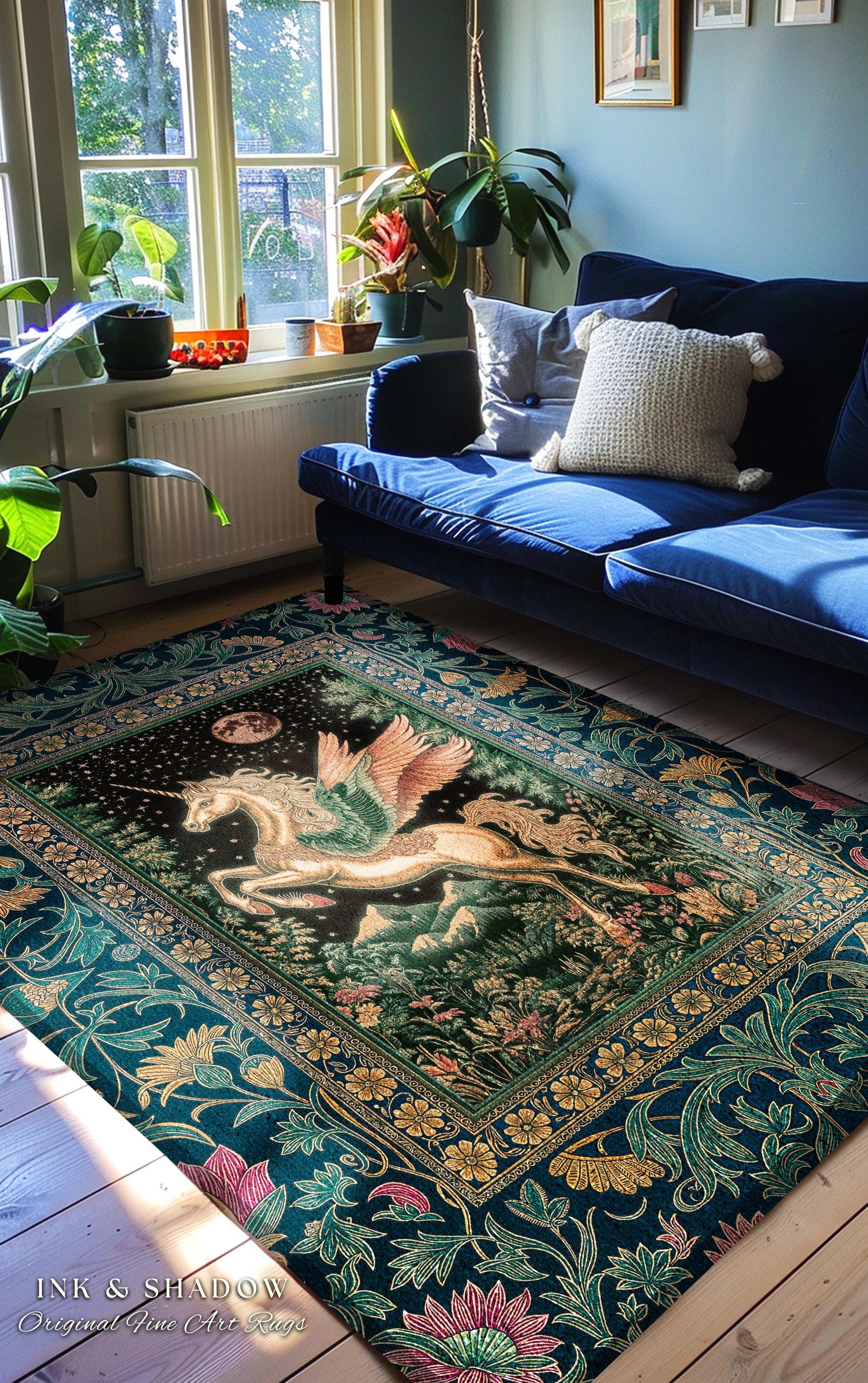 Winged Unicorn Full Moon Fantasy Rug | Enchanted Forest Fairytale Decor Baroque Regal Castlecore Style Romantic Maximalist Fantasy Gothic |