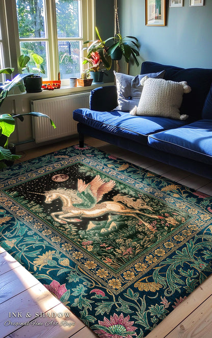 Winged Unicorn Full Moon Fantasy Rug | Enchanted Forest Fairytale Decor Baroque Regal Castlecore Style Romantic Maximalist Fantasy Gothic |