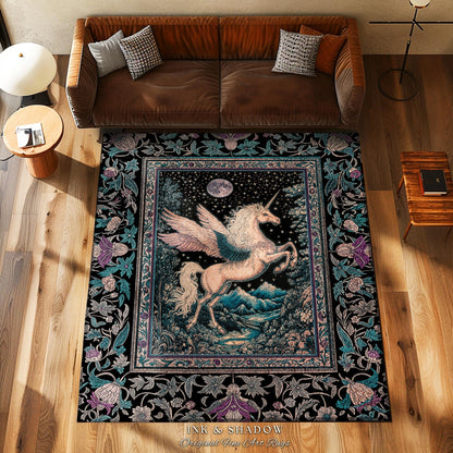 Pastel Moonlight Rustic Pegasus Rug | Baroque Fairytale Decor Whimsical Cottagecore Accent Fantasy Boho Forest Regal Castlecore Maximalist |